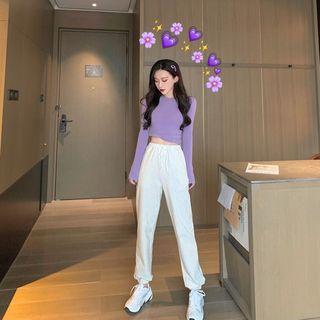 Plain Long-sleeve T-shirt / Drawstring Harem Pants