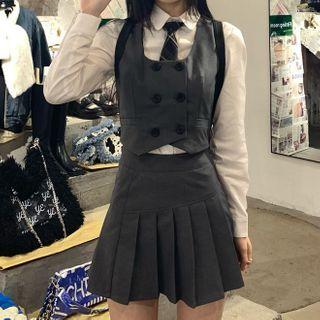 Shirt / Double-breasted Vest / A-line Skirt / Plaid Neck Tie