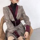 Color-block Check V-neck Long-sleeve Dress