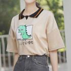 Short-sleeve Collared Dinosaur Print T-shirt