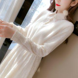 Long-sleeve Panel Midi A-line Lace Dress