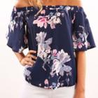 Flower Print Short-sleeve Off-shoulder Top