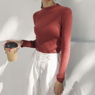 Plain Fleece-lined Mock-neck Long-sleeve Top