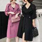 Plain V-neck Long-sleeve Trench Coat