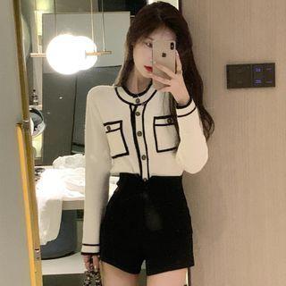 Contrast Trim Cardigan / High-waist Shorts / Set