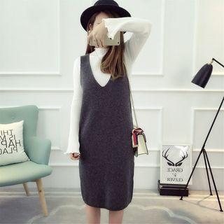Set: Plain Long Sleeve Knit Top + Knit Pinafore Dress