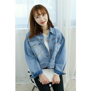 Petite Size Buttoned-back Cropped Denim Jacket