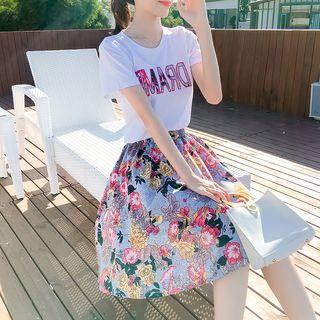 Set: Short-sleeve Letter T-shirt + Floral Midi Skirt