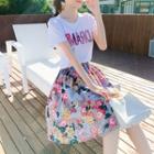 Set: Short-sleeve Letter T-shirt + Floral Midi Skirt