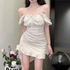 Cold-shoulder Lace Trim Drawstring Mini Sheath Dress