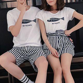 Couple Matching Fish Set: Print Short-sleeve T-shirt + Shorts / A-line Skirt
