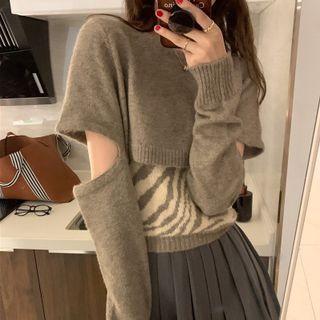 Set: Zebra Print Knit Camisole Top + Elbow-cutout Crop Sweater Set Of 2 - Sweater & Camisole Top - Gray - One Size