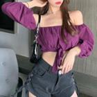 Long-sleeve Off-shoulder Crop Top Purple - One Size