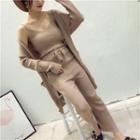 Set : Plain Long Cardigan + Strap Top + Wide Leg Pants