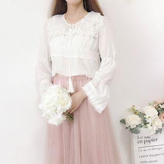 Mesh Panel Double Collar Blouse