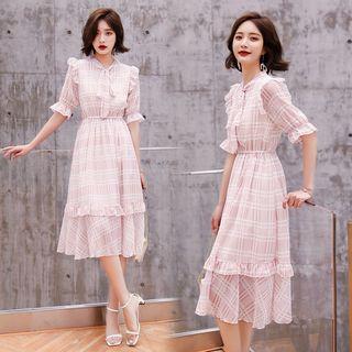 Short-sleeve Plaid Midi A-line Mesh Dress