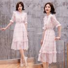 Short-sleeve Plaid Midi A-line Mesh Dress
