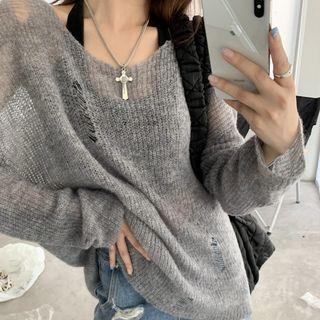 Long-sleeve V-neck Distressed Oversized Sweater Gray - One Size