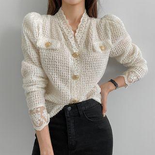 V-neck Button-up Lace Blouse