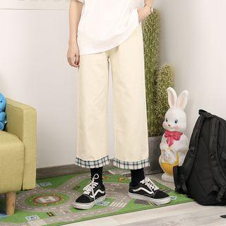 Plaid Trim Wide-leg Pants Almond - One Size