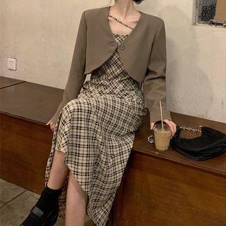 Cropped Blazer / Strappy Plaid Midi A-line Dress