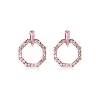 Sterling Silver Plated Rose Gold Simple Hollow Geometric Stud Earrings With Pink Cubic Zirconia Rose Gold - One Size