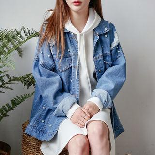 Distressed Faux-pearl Trim Denim Jacket