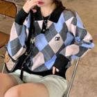 Lapel Argyle Long-sleeve Knit Top