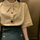 Color Button Loose-fit Short-sleeve Blouse / High-waist Skirt