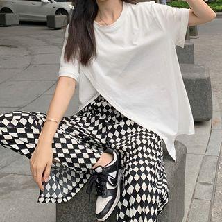 Elbow-sleeve Slit T-shirt / Argyle Wide Leg Pants