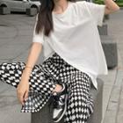 Elbow-sleeve Slit T-shirt / Argyle Wide Leg Pants