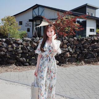 Cutaway-back Floral Print Chiffon Dress