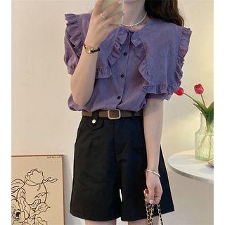 Set: Short-sleeve Wide Collar Blouse + Shorts