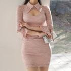 Bell-sleeve Cutout Mini Lace Sheath Dress