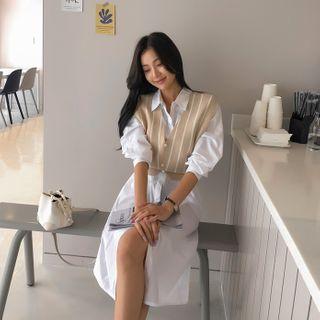 Set: Stripe Knit Vest + Shirtdress With Sash