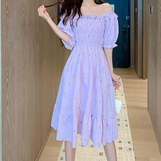 Floral Ruffle Trim Off-shoulder Midi A-line Dress
