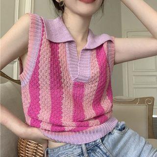 Striped Polo-neck Knit Vest Pink - One Size