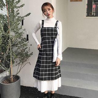 Plain Long-sleeve T-shirt / Midi Pleated-hem Plaid Pinafore Dress