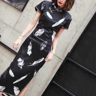 Feather Short-sleeve Qipao Black - S