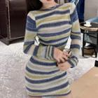 Long-sleeve Open-back Chained Striped Knit Mini Bodycon Dress Blue & White & Green - One Size