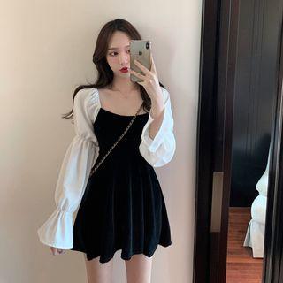 Bell-sleeve Color Block Slim Fit Dress As Shown In Figure - One Size