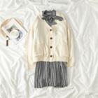 Set: V-neck Cardigan + Bow-accent Houndstooth Pleated Dress