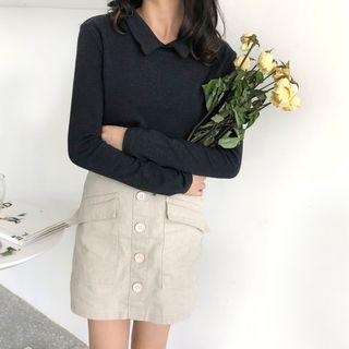 Long-sleeve Collared T-shirt Dark Gray - One Size
