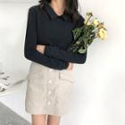 Long-sleeve Collared T-shirt Dark Gray - One Size