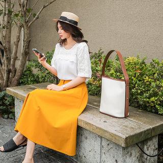 Eyelet-lace Yoke Short-sleeve Top