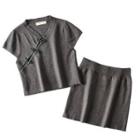 Set: Cap-sleeve Mandarin Collar Crop Top + Mini Fitted Skirt