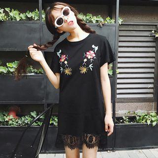 Set: Short-sleeve Embroidered Long T-shirt + Midi Sheer Skirt
