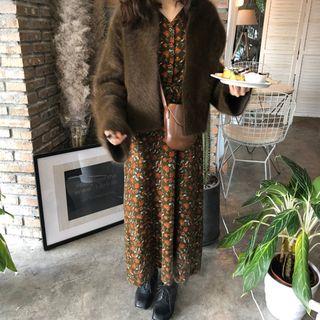 Furry Open-front Cardigan / Long-sleeve Floral Print Midi Dress