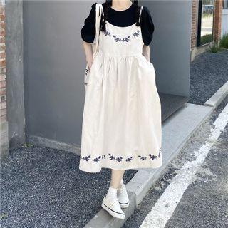 Floral Embroidered Midi A-line Overall Dress / Puff-sleeve Top