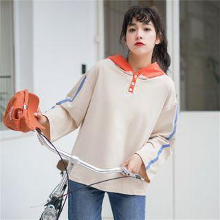 Long-sleeve Contrast Trim Hooded T-shirt Almond - One Size